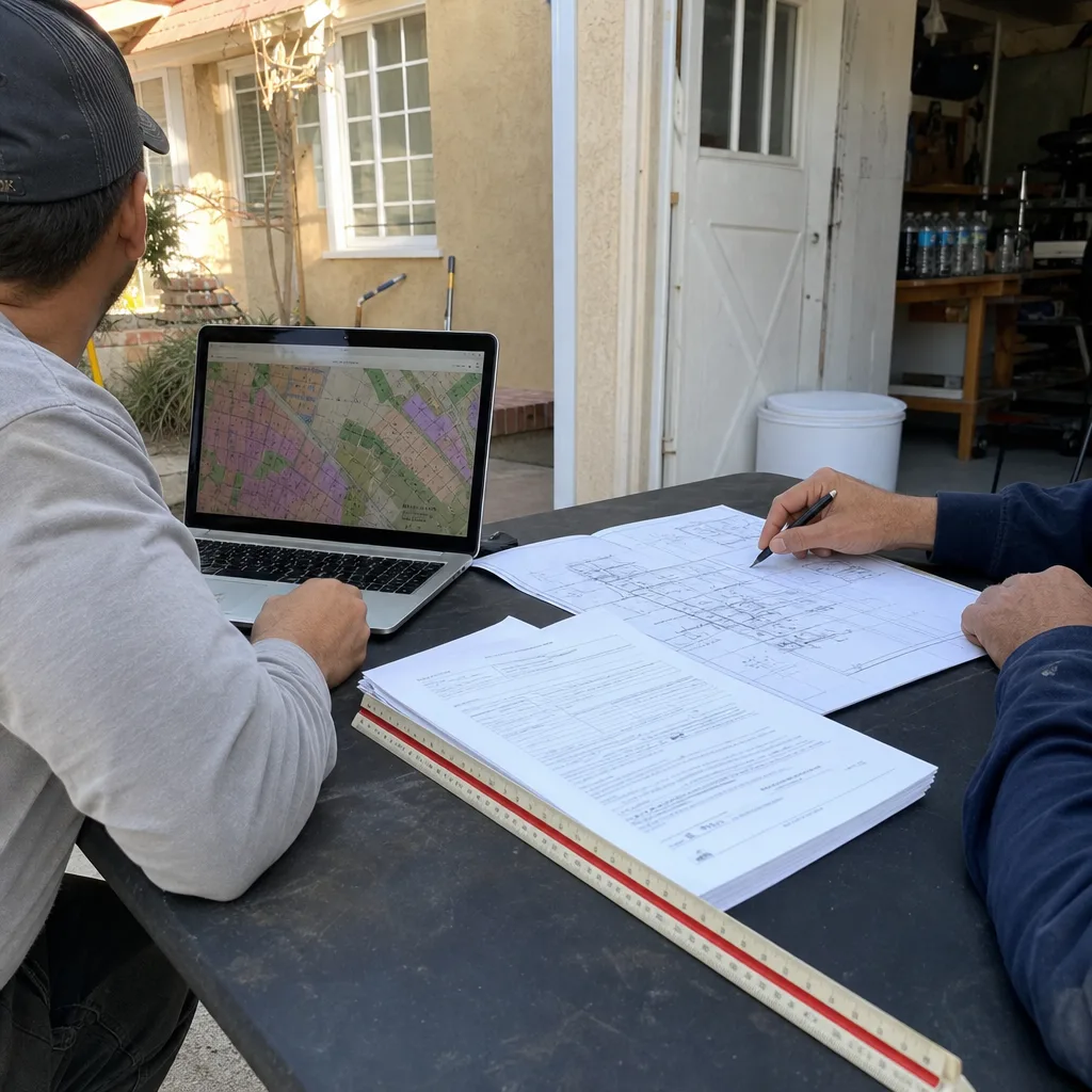 Architectural professional reviewing ADU design plans and permitting documents outdoors