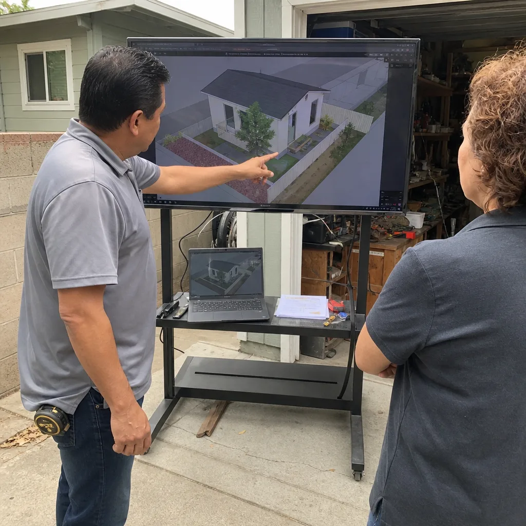 Contractor presenting ADU design plans to a client on a screen