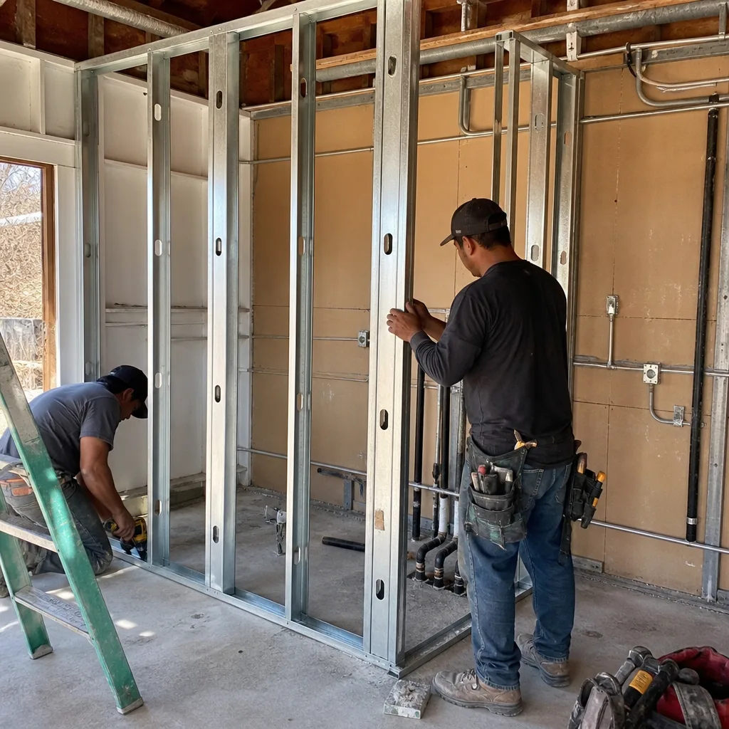 Contractors building metal stud walls for a garage conversion ADU project