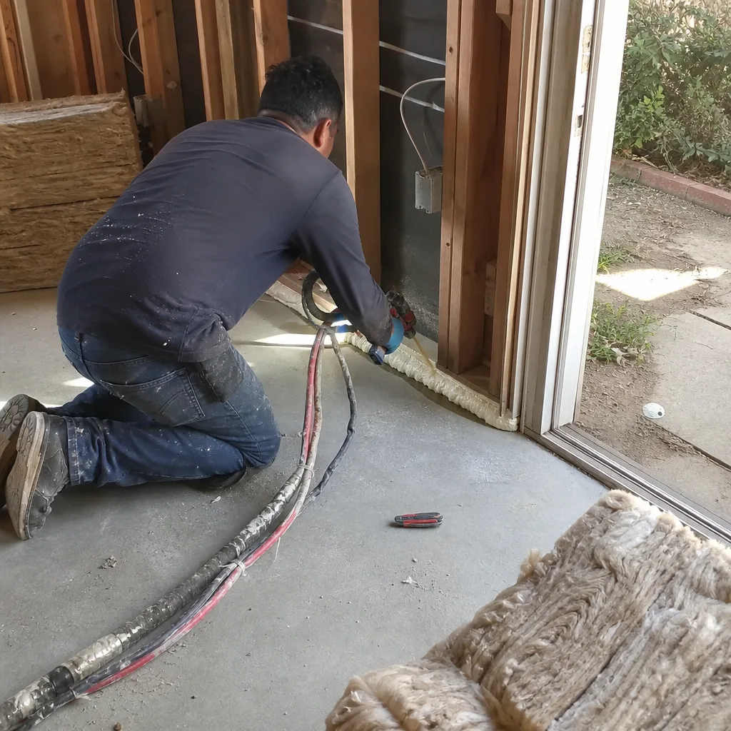 Contractor applying spray foam insulation for a garage conversion ADU project