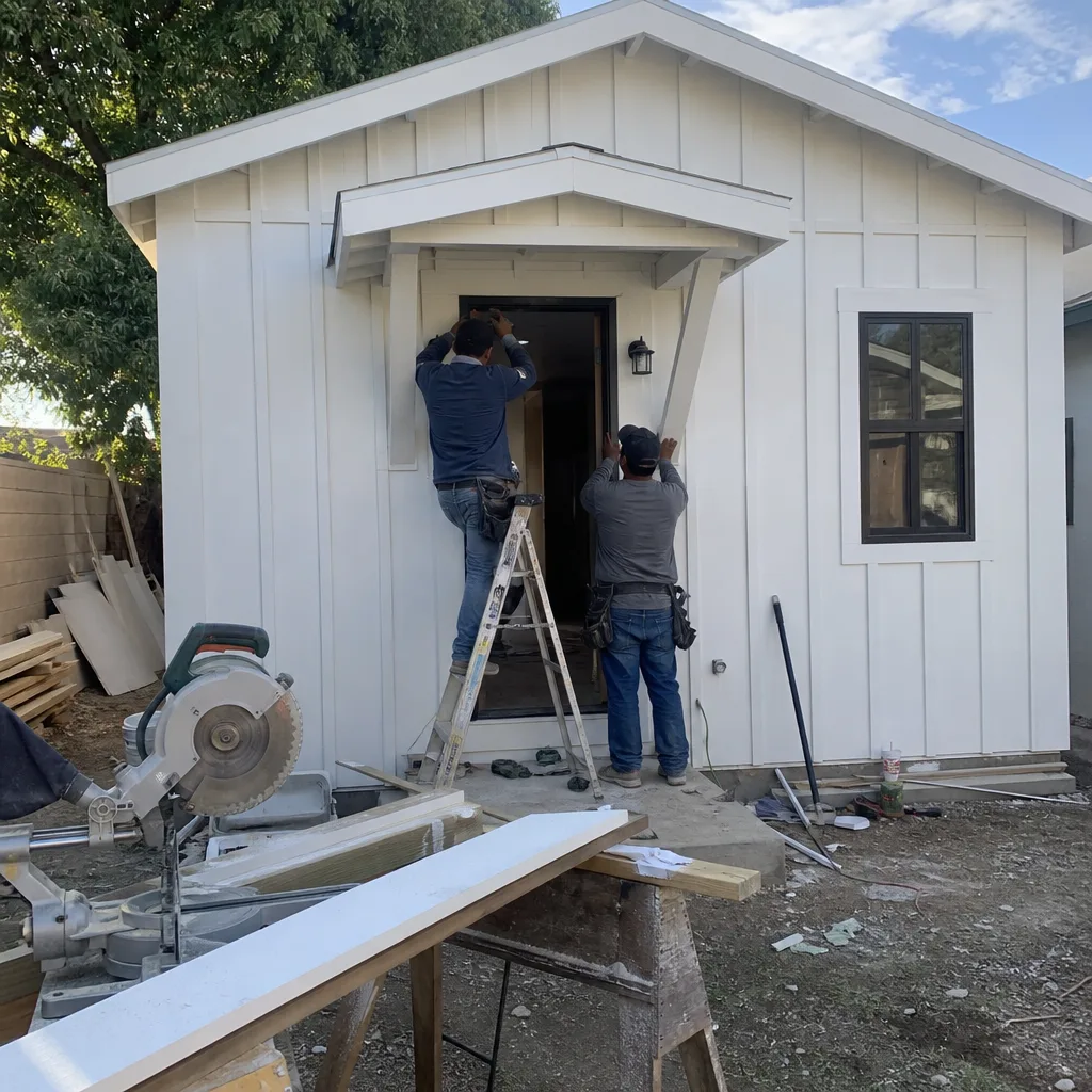 Two contractors installing a door on a modern detached ADU structure