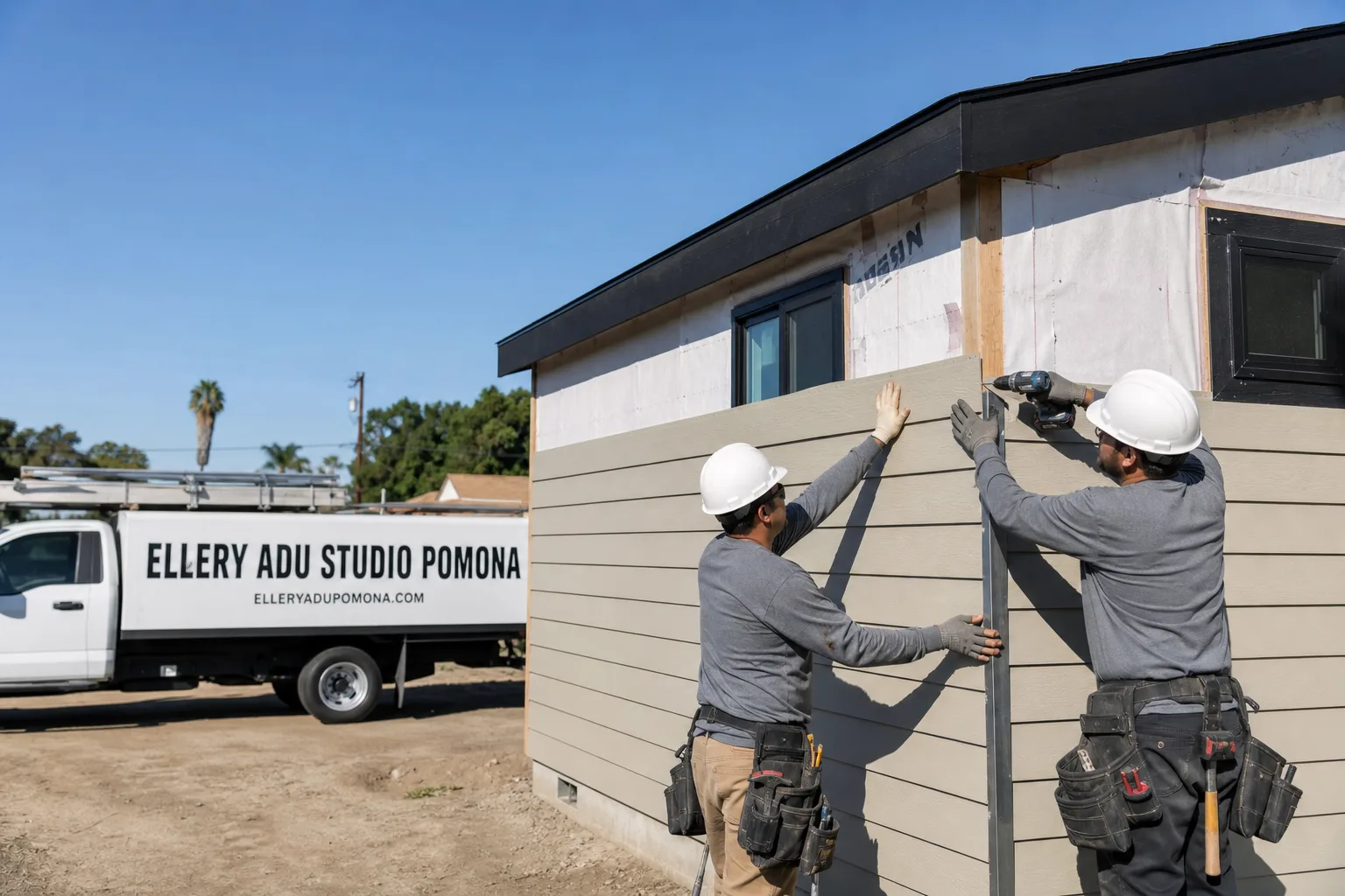 Ellery ADU Studio Pomona adu service vehicle and crew in Pomona, CA